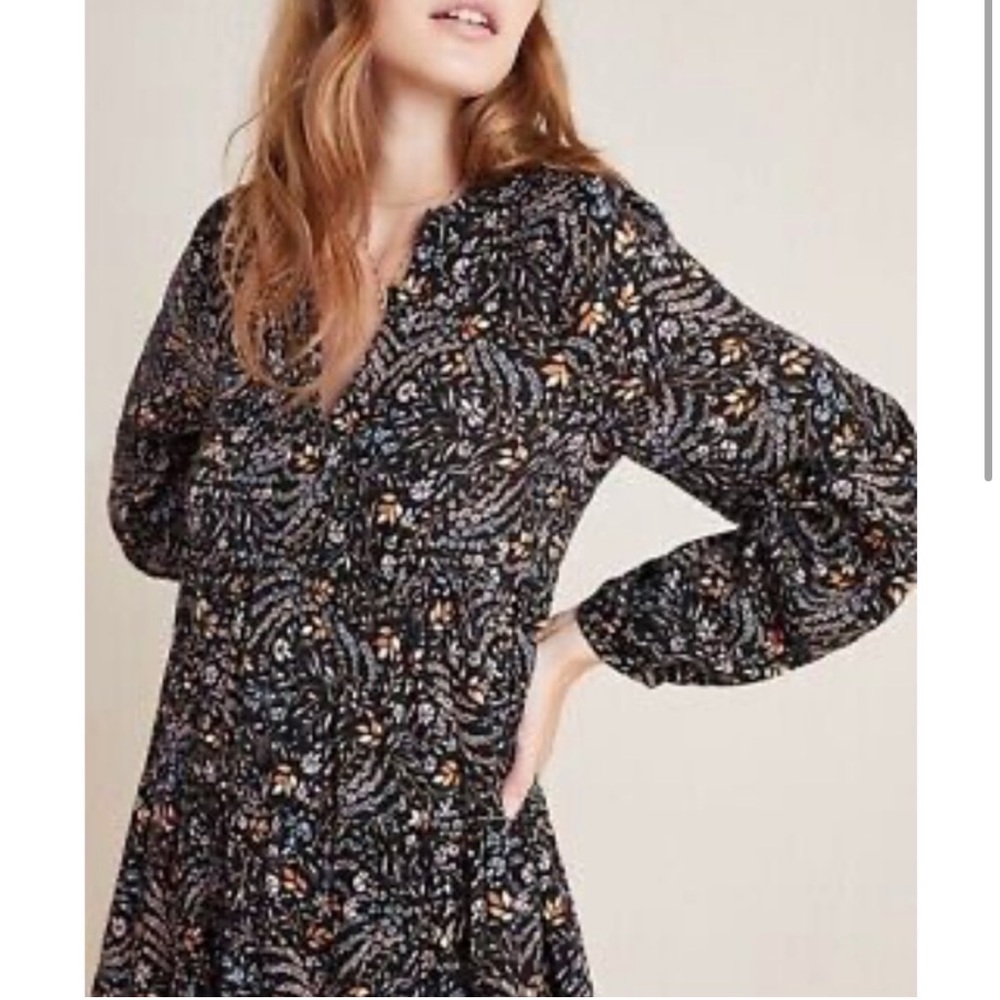 Anthropologie Maeve Floral Amber Tiered 
Tunic Dress Sz Xs Black Multi Color